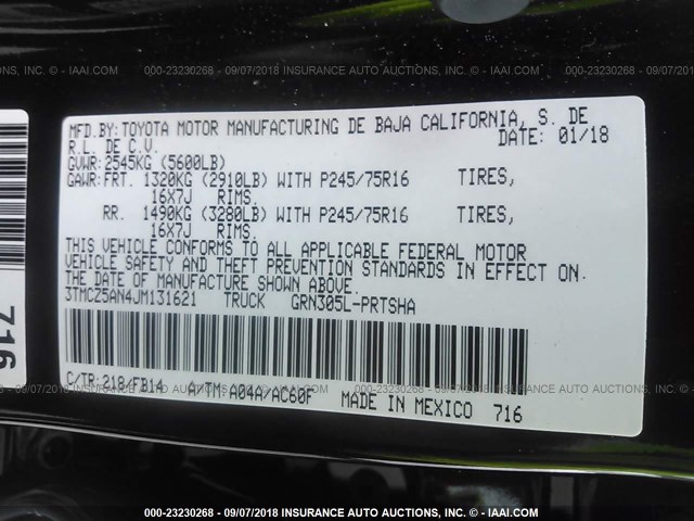 3TMCZ5AN4JM131621 - 2018 TOYOTA TACOMA DBL CAB/SR/TRDSPT/OR/PRO Қара фото 9