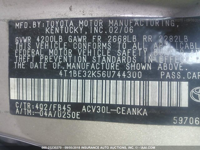 4T1BE32K56U744300 - 2006 TOYOTA CAMRY LE/XLE/SE Qəhvəyi foto 9