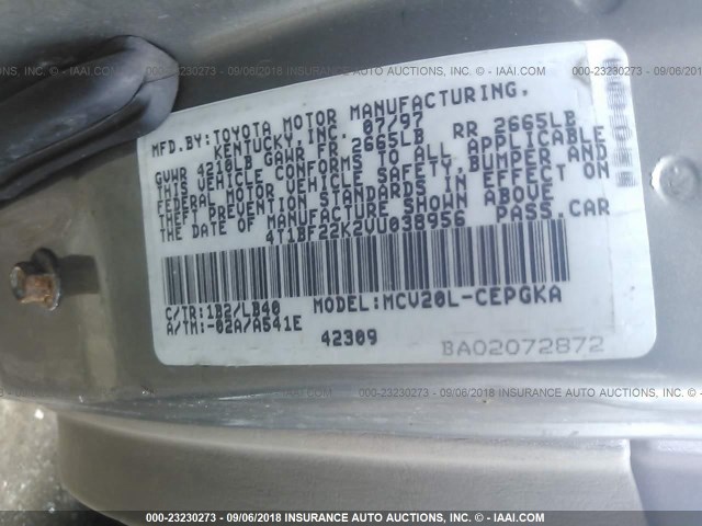 4T1BF22K2VU038956 - 1997 TOYOTA CAMRY CE/LE/XLE 灰色 照片 9