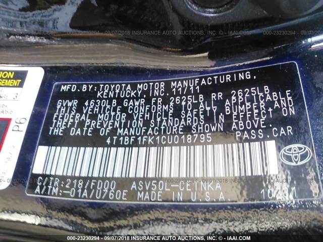 4T1BF1FK1CU018795 - 2012 TOYOTA CAMRY SE/LE/XLE BLACK photo 9