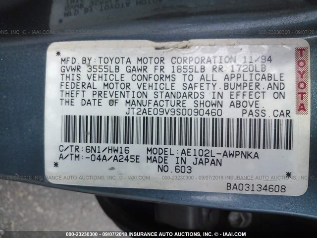 JT2AE09V9S0090460 - 1995 TOYOTA COROLLA DX GREEN photo 9