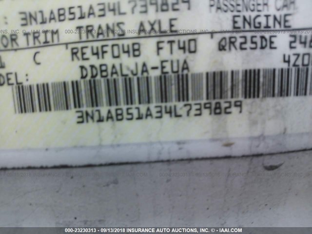 3N1AB51A34L739829 - 2004 NISSAN SENTRA 2.5S WHITE photo 9