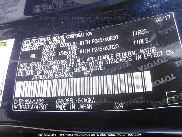 JTEBU5JR8J5490663 - 2018 TOYOTA 4RUNNER SR5 PREM/LTDL/TRAIL/TRD BLUE photo 9