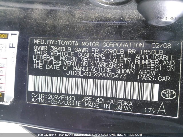 JTDBL40EX99030473 - 2009 TOYOTA COROLLA LE/XLE BLACK photo 9