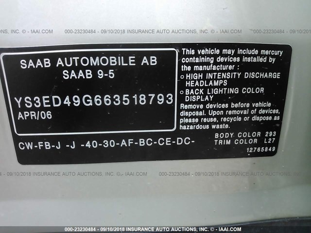 YS3ED49G663518793 - 2006 SAAB 9-5 SILVER photo 9