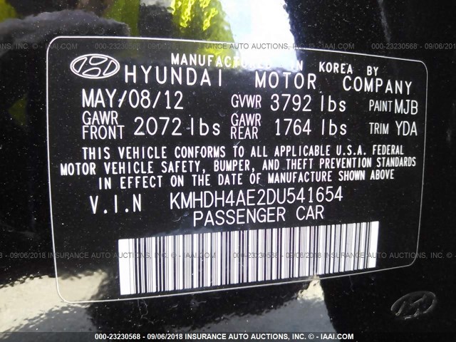 KMHDH4AE2DU541654 - 2013 HYUNDAI ELANTRA GLS/LIMITED BLACK photo 9