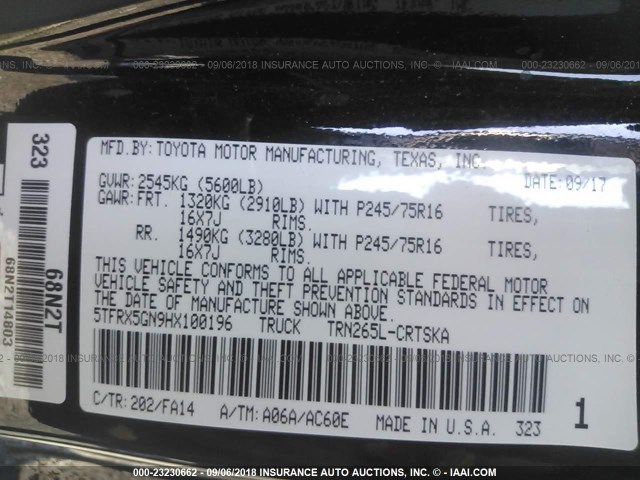 5TFRX5GN9HX100196 - 2017 TOYOTA TACOMA ACCESS CAB/SR/SR5 黑色 照片 9
