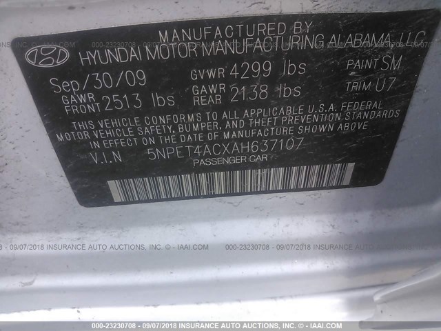 5NPET4ACXAH637107 - 2010 HYUNDAI SONATA GLS SILVER photo 9