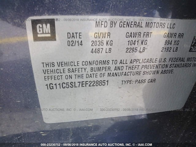 1G11C5SL7EF228851 - 2014 CHEVROLET MALIBU 1LT BLUE photo 9