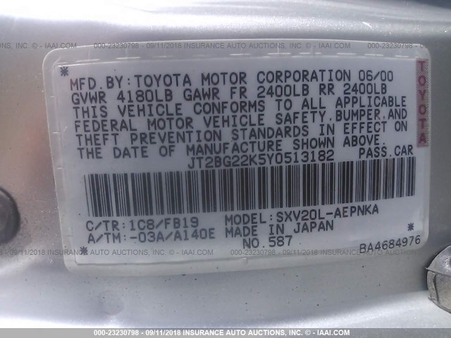JT2BG22K5Y0513182 - 2000 TOYOTA CAMRY CE/LE/XLE 银色 照片 9