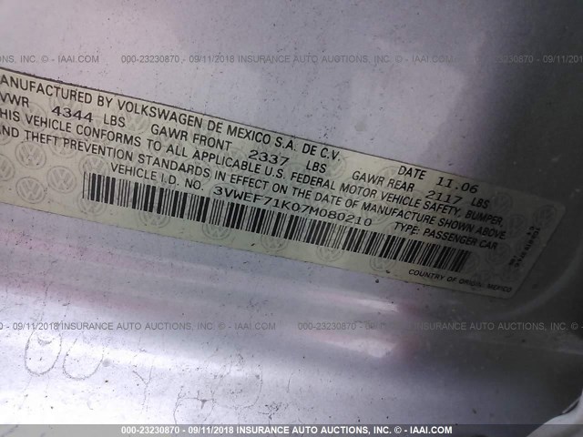 3VWEF71K07M080210 - 2007 VOLKSWAGEN JETTA WOLFSBURG 黑色 照片 9