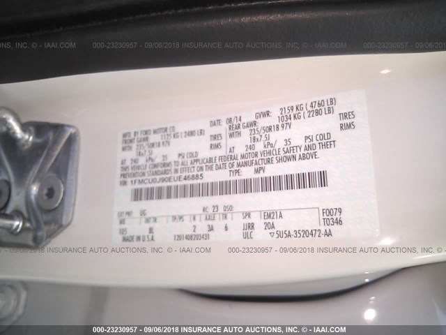 1FMCU0J90EUE46885 - 2014 FORD ESCAPE TITANIUM WHITE photo 9