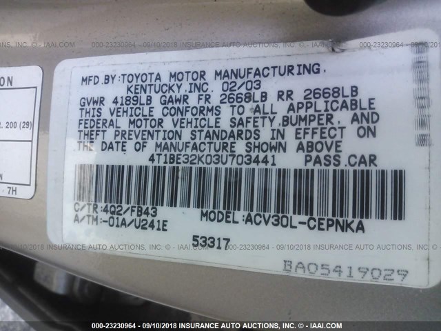 4T1BE32K03U703441 - 2003 TOYOTA CAMRY LE/XLE/SE 金色 照片 9