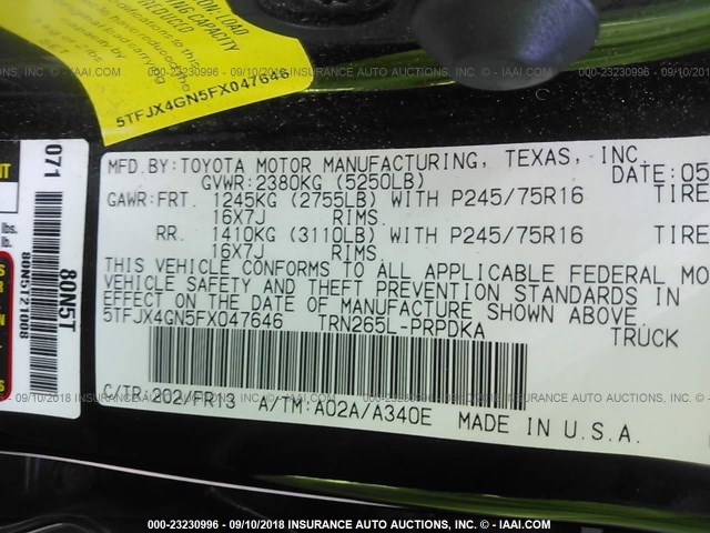 5TFJX4GN5FX047646 - 2015 TOYOTA TACOMA DOUBLE CAB PRERUNNER BLACK photo 9