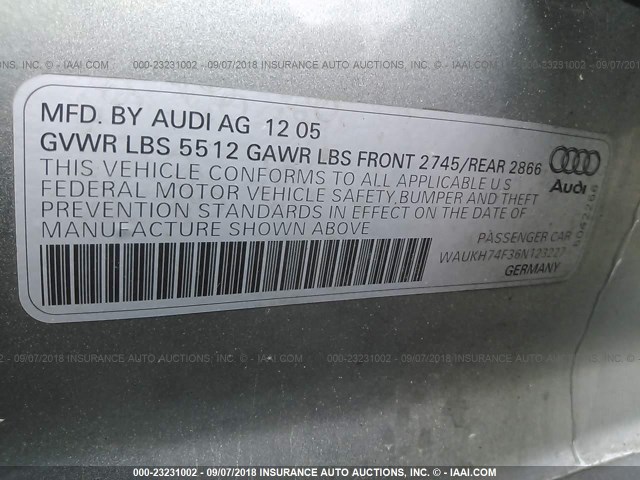 WAUKH74F36N123227 - 2006 AUDI A6 AVANT QUATTRO GRAY photo 9