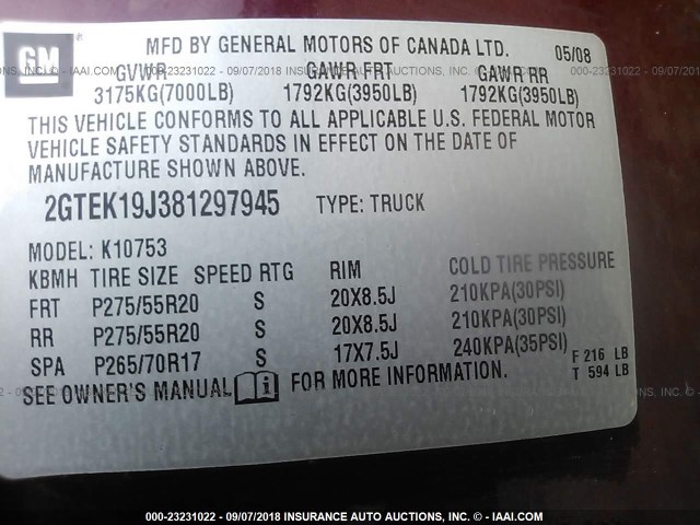 2GTEK19J381297945 - 2008 GMC SIERRA K1500 MAROON photo 9