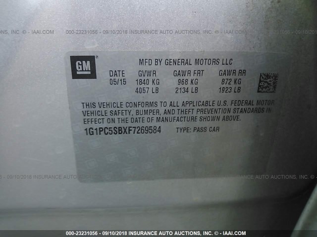 1G1PC5SBXF7269584 - 2015 CHEVROLET CRUZE LT SILVER photo 9