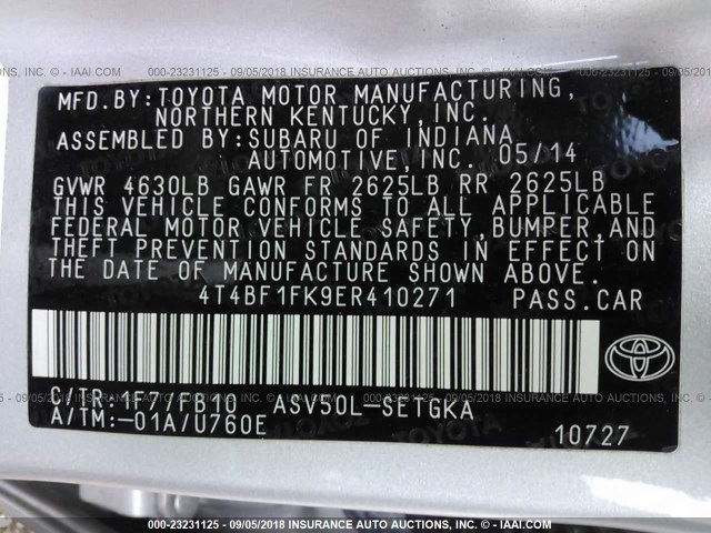 4T4BF1FK9ER410271 - 2014 TOYOTA CAMRY L/SE/LE/XLE 银色 照片 9