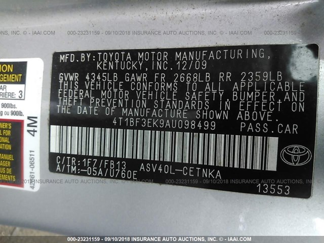 4T1BF3EK9AU098499 - 2010 TOYOTA CAMRY SE/LE/XLE ვერცხლისფერი ფოტო 9