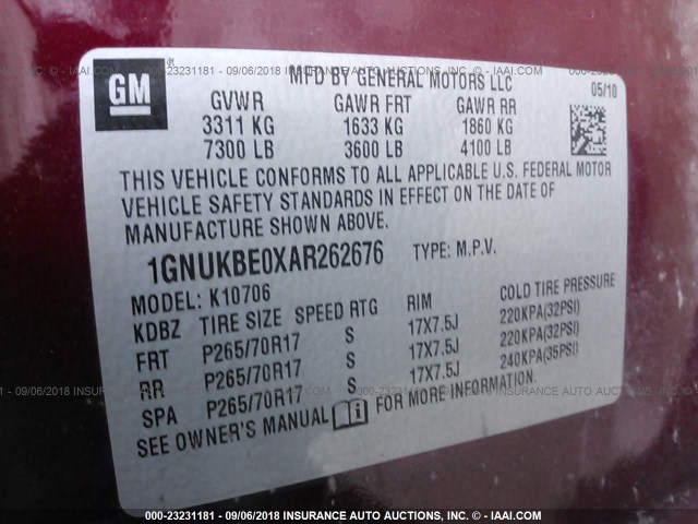 1GNUKBE0XAR262676 - 2010 CHEVROLET TAHOE K1500 LT MAROON photo 9