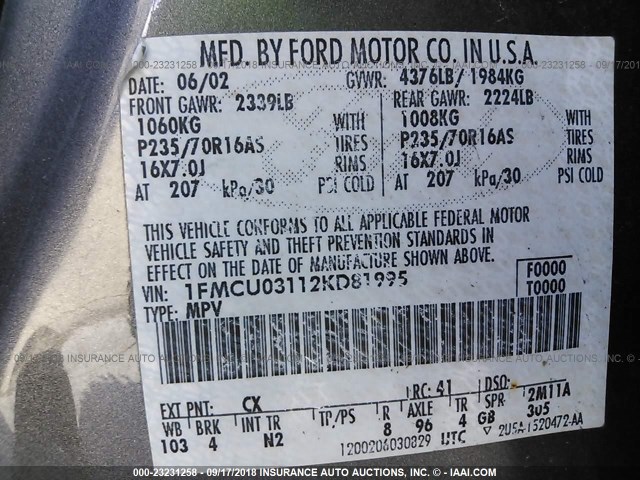 1FMCU03112KD81995 - 2002 FORD ESCAPE XLT GRAY photo 9