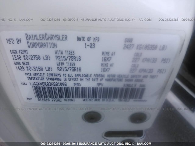 1J4GK48K03W601006 - 2003 JEEP LIBERTY SPORT/FREEDOM თეთრი ფოტო 9