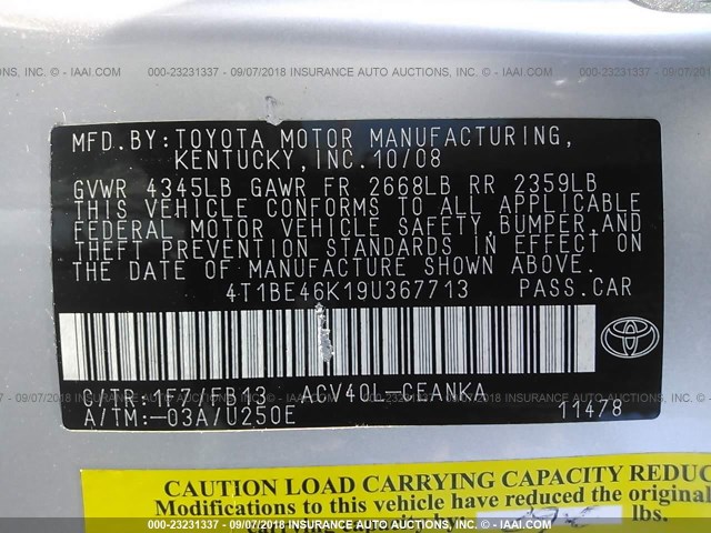 4T1BE46K19U367713 - 2009 TOYOTA CAMRY SE/LE/XLE SILVER photo 9