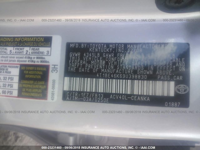 4T1BE46K69U398830 - 2009 TOYOTA CAMRY SE/LE/XLE 银色 照片 9