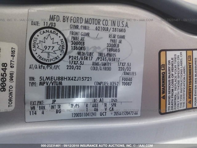 5LMEU88HX4ZJ15721 - 2004 LINCOLN AVIATOR SILVER photo 9