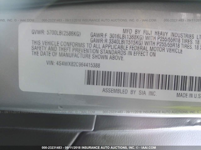 4S4WX82C964415388 - 2006 SUBARU B9 TRIBECA 3.0 H6/3.0 H6 LIMITED SILVER photo 9