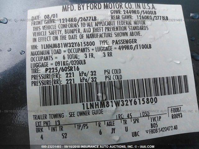 1LNHM81W32Y615800 - 2002 LINCOLN TOWN CAR EXECUTIVE Бирюзовый фото 9