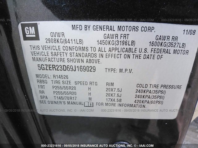 5GZER23D69J169029 - 2009 SATURN OUTLOOK XR შავი ფოტო 9