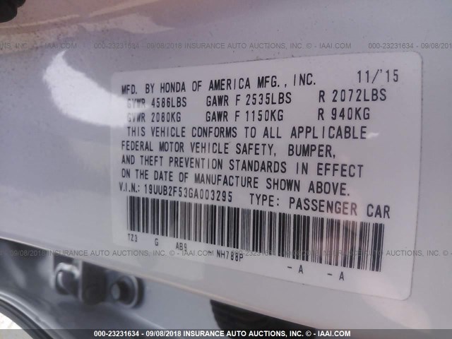 19UUB2F53GA003295 - 2016 ACURA TLX TECH WHITE photo 9