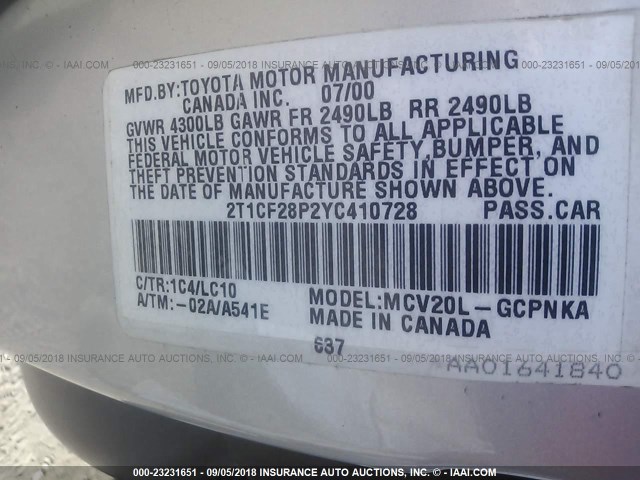 2T1CF28P2YC410728 - 2000 TOYOTA CAMRY SOLARA SE/SLE Gümüş foto 9