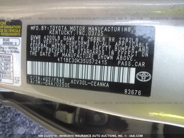4T1BE30K35U572415 - 2005 TOYOTA CAMRY LE/XLE/SE Қоңыр фото 9