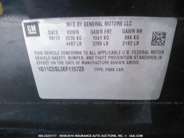 1G11C5SL3EF115723 - 2014 CHEVROLET MALIBU 1LT BLACK photo 9