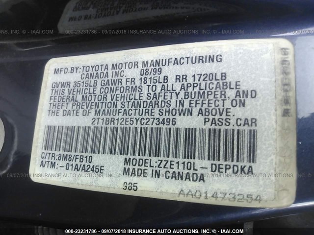 2T1BR12E5YC273496 - 2000 TOYOTA COROLLA VE/CE/LE 蓝色 照片 9