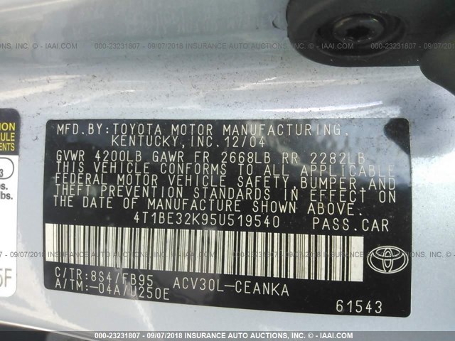 4T1BE32K95U519540 - 2005 TOYOTA CAMRY LE/XLE/SE 浅蓝色 照片 9