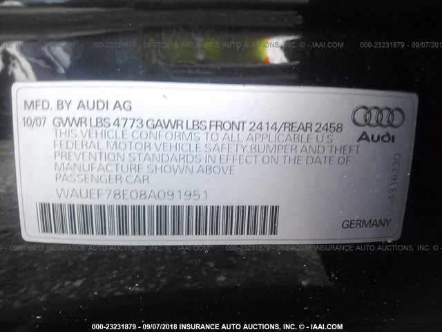 WAUEF78E08A091951 - 2008 AUDI A4 S-LINE 2.0T QUATTRO TURBO BLACK photo 9