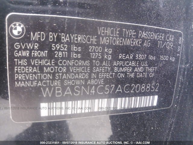 WBASN4C57AC208852 - 2010 BMW 550 GT BLACK photo 9