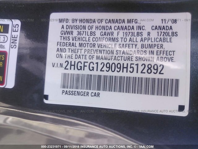 2HGFG12909H512892 - 2009 HONDA CIVIC EXL 灰色 照片 9