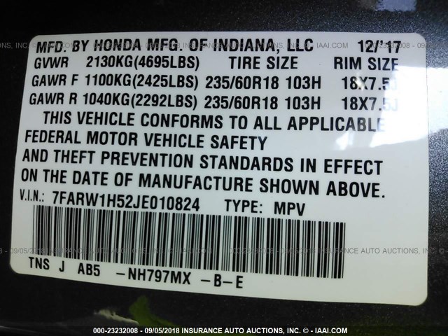 7FARW1H52JE010824 - 2018 HONDA CR-V EX GRAY photo 9