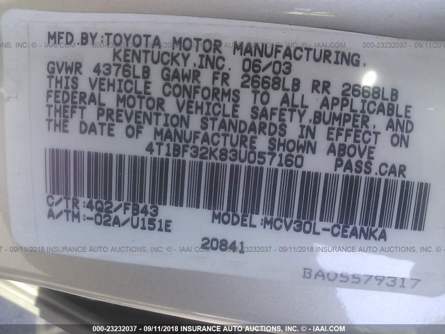 4T1BF32K83U057160 - 2003 TOYOTA CAMRY LE/XLE/SE Qızıl foto 9