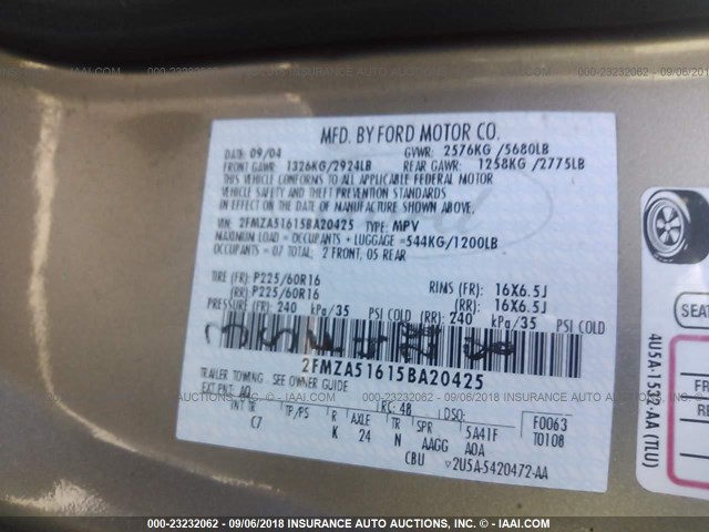 2FMZA51615BA20425 - 2005 FORD FREESTAR SE GOLD photo 9