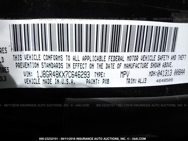 1J8GR48KX7C646293 - 2007 JEEP GRAND CHEROKEE LAREDO/COLUMBIA/FREEDOM 黑色 照片 9