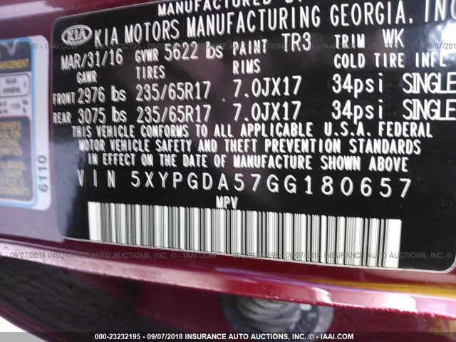 5XYPGDA57GG180657 - 2016 KIA SORENTO LX/L RED photo 9