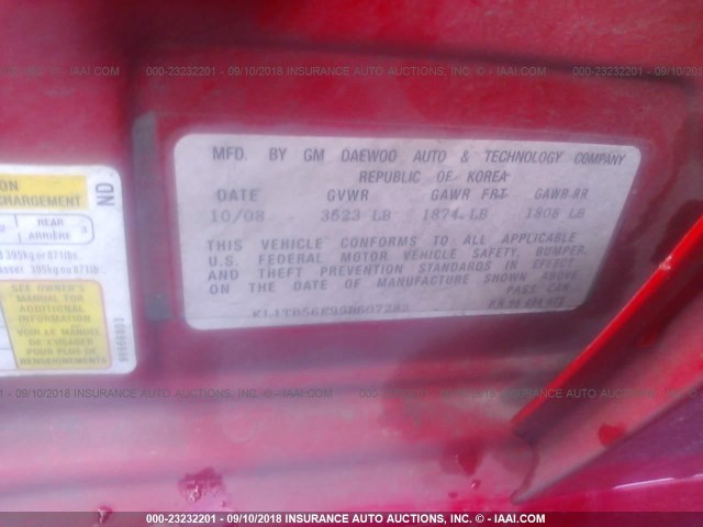 KL1TD56E99B607282 - 2009 CHEVROLET AVEO LS/LT 红色 照片 9