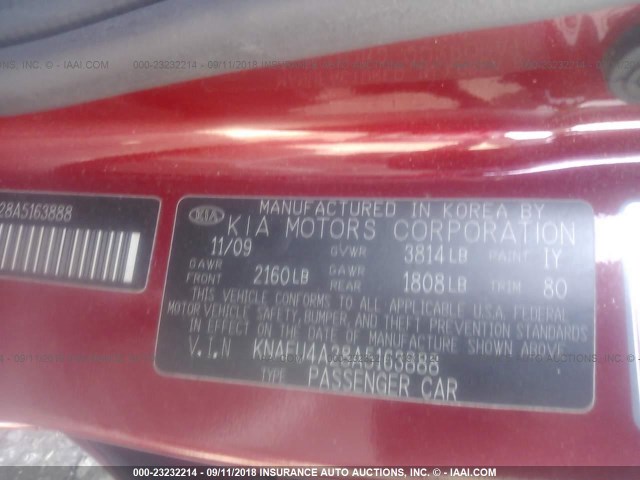 KNAFU4A28A5163888 - 2010 KIA FORTE EX RED photo 9