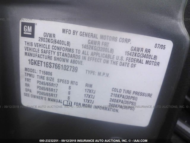 1GKET16S766102739 - 2006 GMC ENVOY XL GRAY photo 9