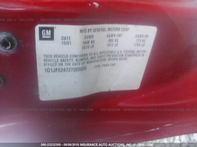 1G1JF524727205656 - 2002 CHEVROLET CAVALIER LS RED photo 9